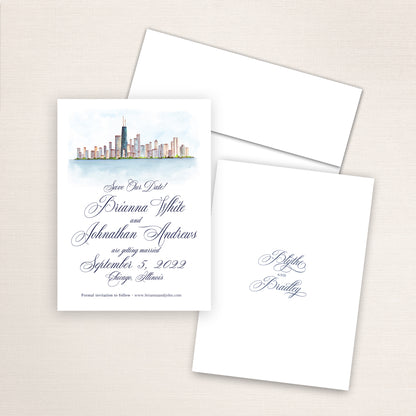 Custom watercolor Save the Date card featuring hand-painted illustration of Chicago Skyline, Illinois, personalized wedding stationery with elegant venue artwork.