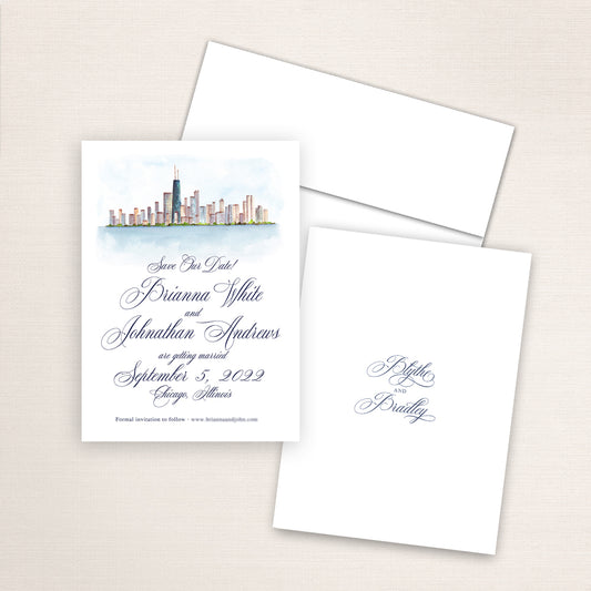 Custom watercolor Save the Date card featuring hand-painted illustration of Chicago Skyline, Illinois, personalized wedding stationery with elegant venue artwork.