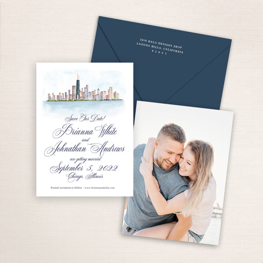 Custom watercolor Save the Date card featuring hand-painted illustration of Chicago Skyline, Illinois, personalized wedding stationery with elegant venue artwork with matching envelope.