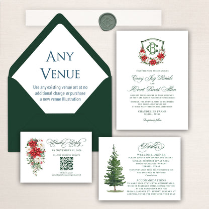 Classic Christmas wedding invitation suite featuring a deep evergreen envelope with "Any Venue" placeholder liner design, formal invitation with festive poinsettia and winter greenery crest monogram, coordinating details card with evergreen tree illustration, and RSVP card with poinsettia bouquet and QR code. Designed to showcase any existing venue artwork or custom venue illustration in an elegant holiday-inspired wedding invitation collection.