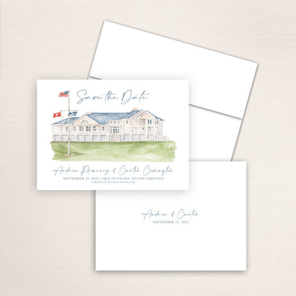 Custom watercolor Save the Date card featuring hand-painted illustration of Citadel Beach Club in Isle of Palms, South Carolina, personalized wedding stationery with elegant venue artwork.
