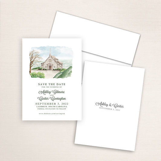 Custom watercolor Save the Date card featuring hand-painted illustration of the Cliffs at Glassy Chapel in Landrum, South Carolina, personalized wedding stationery with elegant venue artwork.