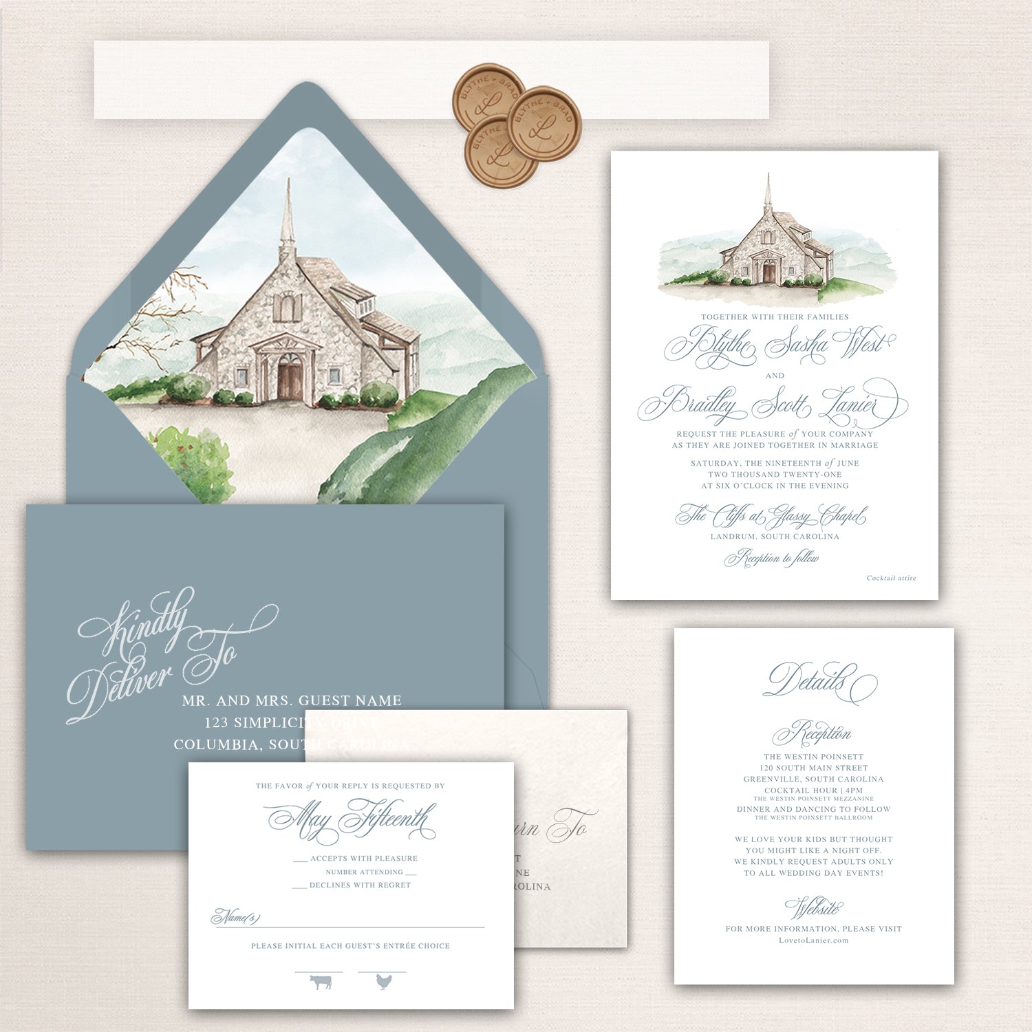 Wedding invitation suite with watercolor illustration of the Cliffs at Glassy Chapel, mountain view envelope liner, and coordinating stationery.