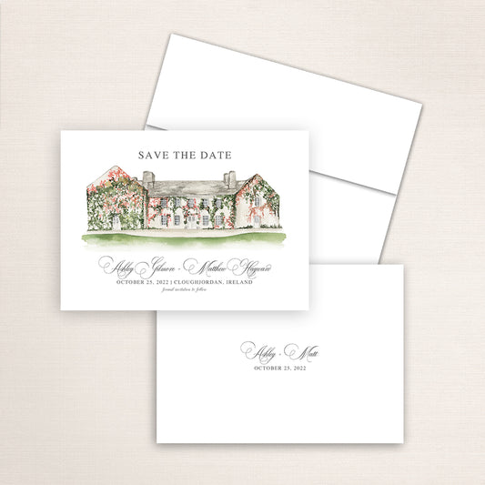 Custom watercolor Save the Date card featuring hand-painted illustration of Cloughjordan House in Ireland, personalized wedding stationery with elegant venue artwork.