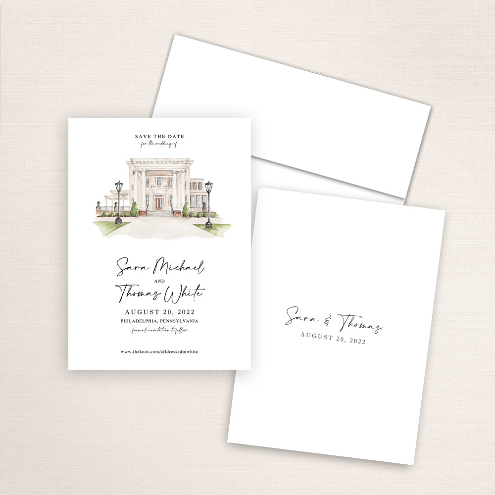 Custom watercolor Save the Date card featuring hand-painted illustration of Collingswood in Philadelphia, Pennsylvania, personalized wedding stationery with elegant venue artwork.