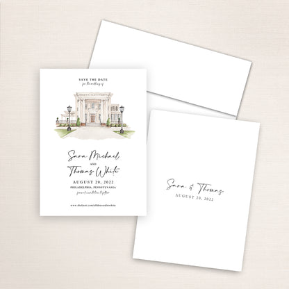Custom watercolor Save the Date card featuring hand-painted illustration of Collingswood in Philadelphia, Pennsylvania, personalized wedding stationery with elegant venue artwork.