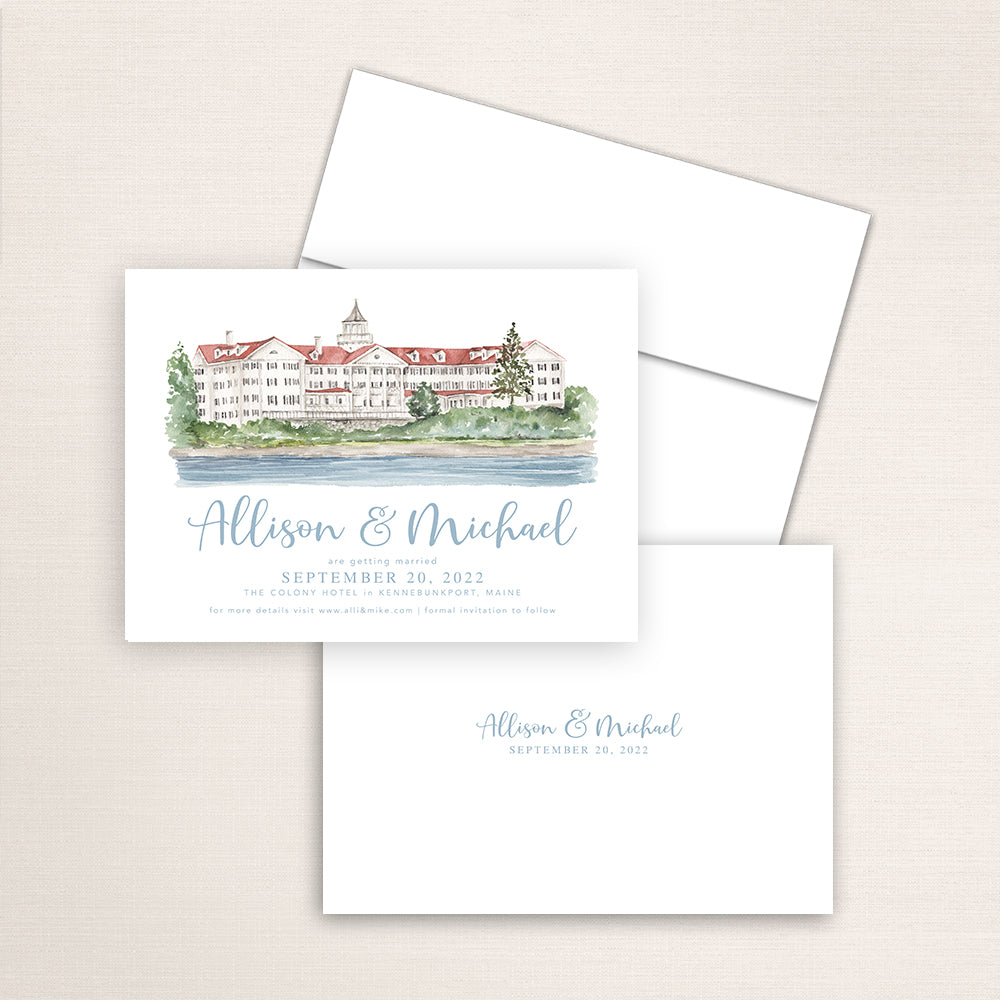 Custom watercolor Save the Date card featuring hand-painted venue illustration of the Colony Hotel in Kennebunkport, Maine, personalized wedding stationery with elegant venue artwork. 