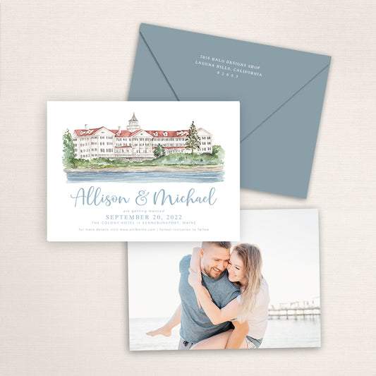 Custom watercolor Save the Date card featuring hand-painted venue illustration of the Colony Hotel in Kennebunkport, Maine, personalized wedding stationery with elegant venue artwork with matching envelope.