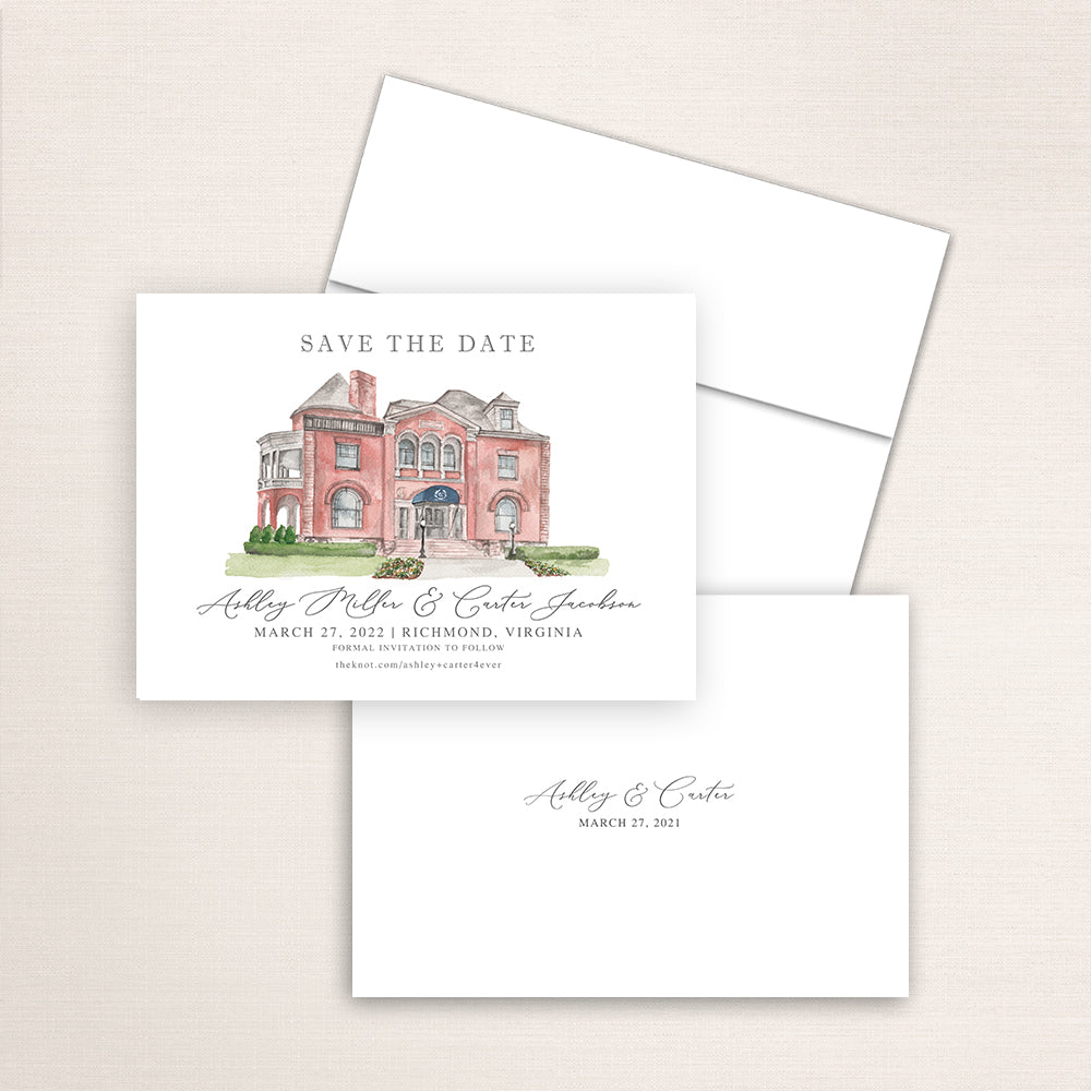Custom watercolor Save the Date card featuring hand-painted illustration of Commonwealth Club in Richmond, Virginia, personalized wedding stationery with elegant venue artwork.
