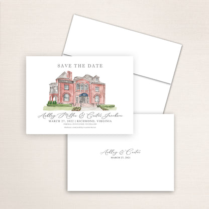 Custom watercolor Save the Date card featuring hand-painted illustration of Commonwealth Club in Richmond, Virginia, personalized wedding stationery with elegant venue artwork.
