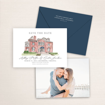 Custom watercolor Save the Date card featuring hand-painted illustration of Commonwealth Club in Richmond, Virginia, personalized wedding stationery with elegant venue artwork with matching envelope.