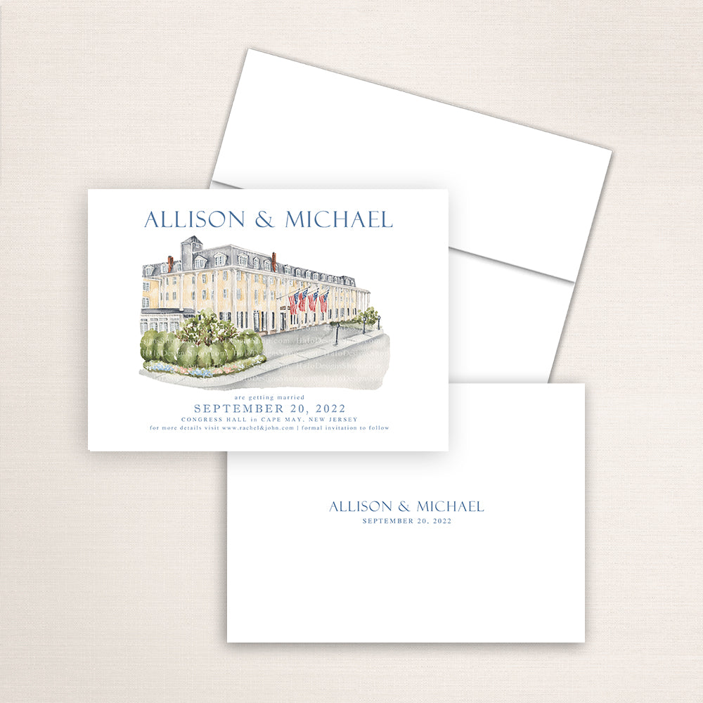 Custom watercolor Save the Date card featuring hand-painted illustration of Congress Hall in Cape May, New Jersey, personalized wedding stationery with elegant venue artwork.