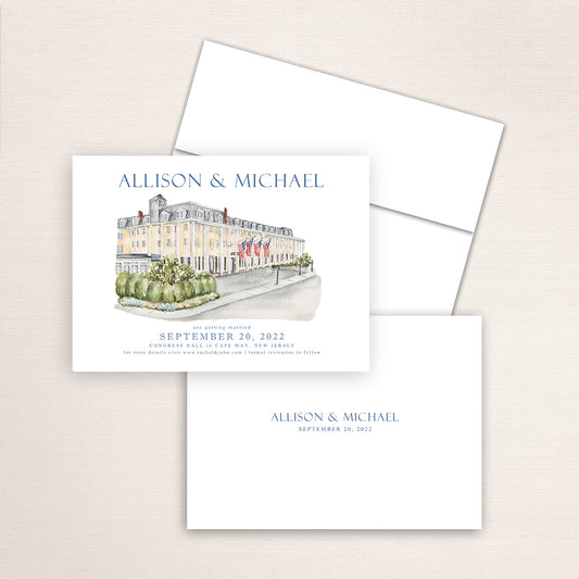 Custom watercolor Save the Date card featuring hand-painted illustration of Congress Hall in Cape May, New Jersey, personalized wedding stationery with elegant venue artwork.