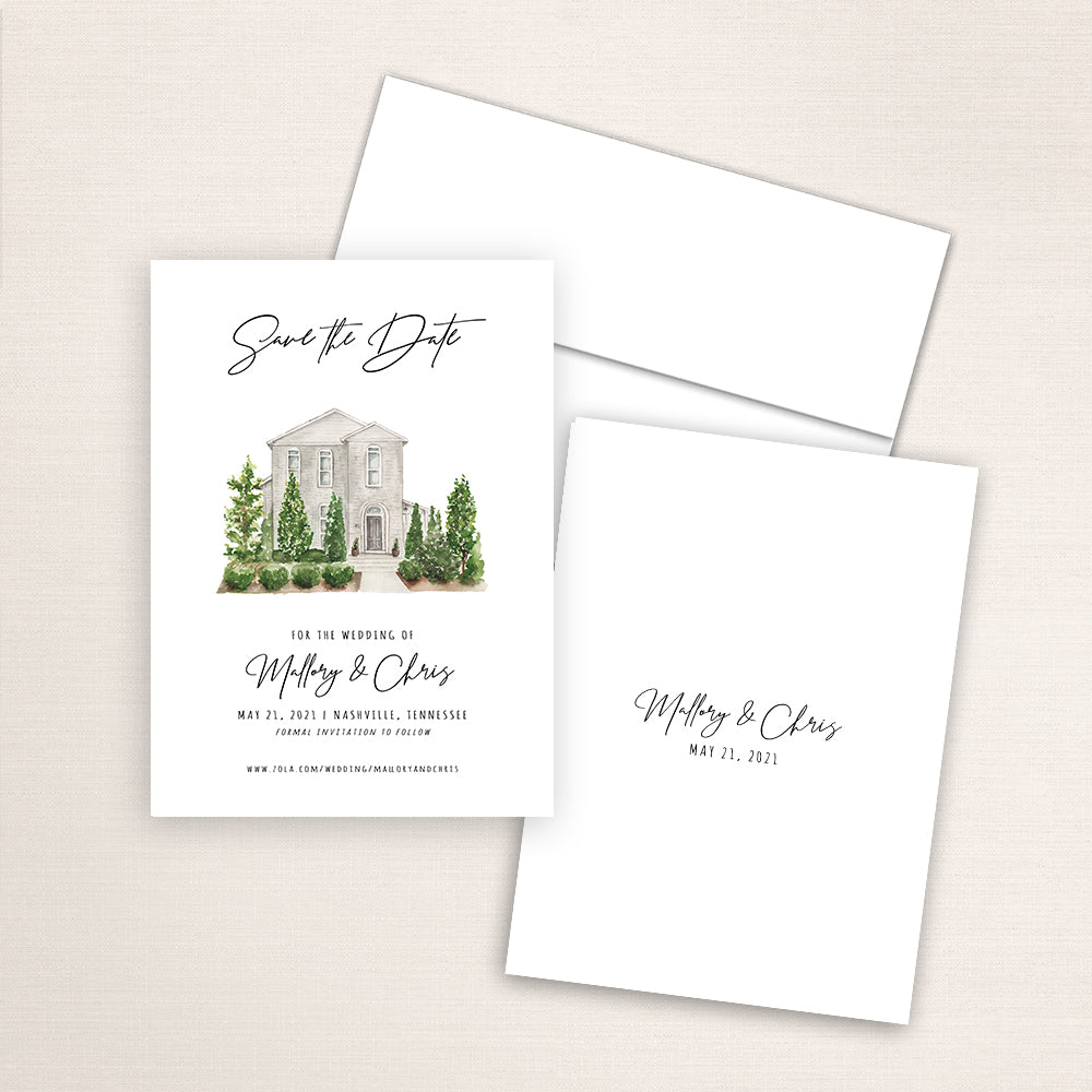 Custom watercolor Save the Date card featuring hand-painted venue illustration of the Cordelle in Nashville, Tennessee, personalized wedding stationery with elegant venue artwork. 