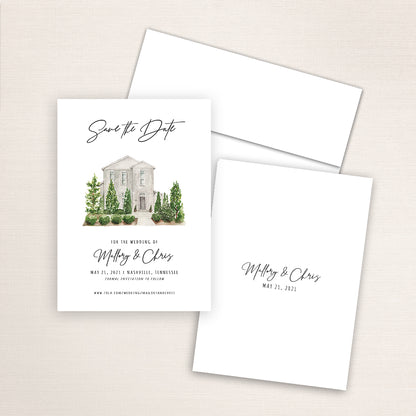 Custom watercolor Save the Date card featuring hand-painted venue illustration of the Cordelle in Nashville, Tennessee, personalized wedding stationery with elegant venue artwork. 