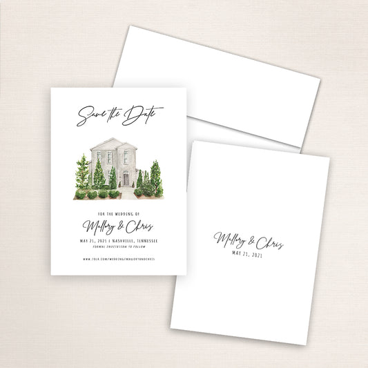 Custom watercolor Save the Date card featuring hand-painted venue illustration of the Cordelle in Nashville, Tennessee, personalized wedding stationery with elegant venue artwork. 