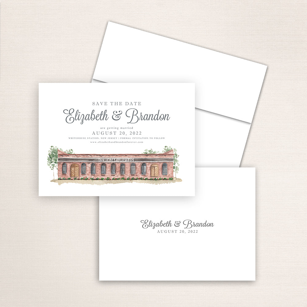 Custom watercolor Save the Date card featuring hand-painted illustration of Cotton Press in Little Mountain, South Carolina, personalized wedding stationery with elegant venue artwork.