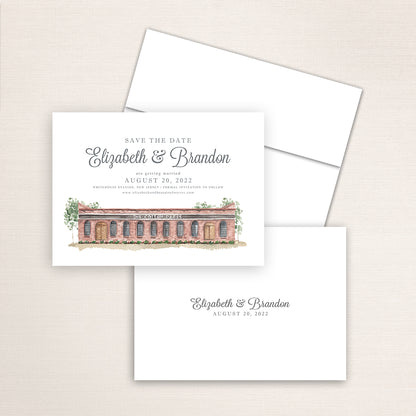 Custom watercolor Save the Date card featuring hand-painted illustration of Cotton Press in Little Mountain, South Carolina, personalized wedding stationery with elegant venue artwork.