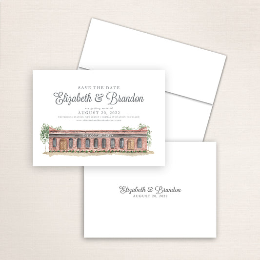 Custom watercolor Save the Date card featuring hand-painted illustration of Cotton Press in Little Mountain, South Carolina, personalized wedding stationery with elegant venue artwork.