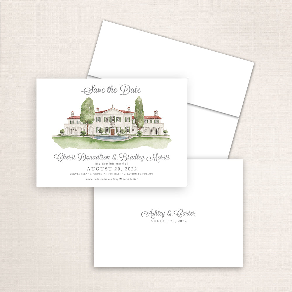 Custom watercolor Save the Date card featuring hand-painted illustration of Cotton Press in Little Mountain, South Carolina, personalized wedding stationery with elegant venue artwork.