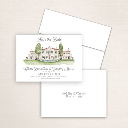Custom watercolor Save the Date card featuring hand-painted illustration of Cotton Press in Little Mountain, South Carolina, personalized wedding stationery with elegant venue artwork.