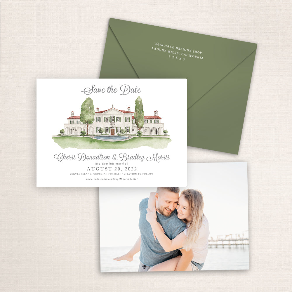 Custom watercolor Save the Date card featuring hand-painted illustration of Cotton Press in Little Mountain, South Carolina, personalized wedding stationery with elegant venue artwork with matching envelope.