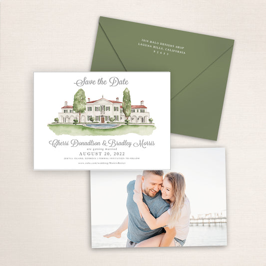 Custom watercolor Save the Date card featuring hand-painted illustration of Cotton Press in Little Mountain, South Carolina, personalized wedding stationery with elegant venue artwork with matching envelope.
