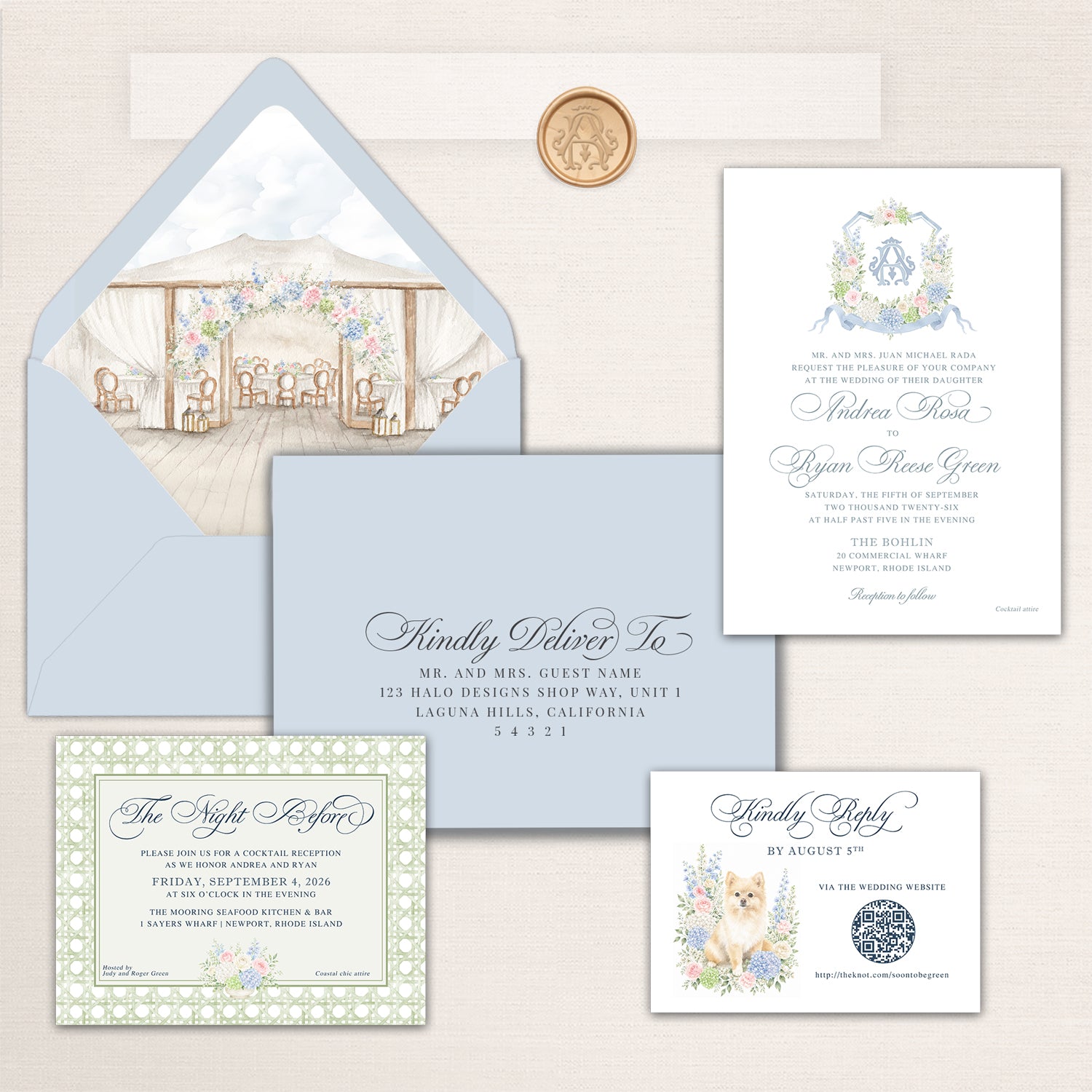 Elegant Newport wedding invitation suite in soft blue, sage green, blush, and ivory. A soft blue envelope features a custom watercolor liner  featuring The Bohlin in Newport, Rhode Island, paired with a gold monogram wax seal. The white invitation features a coordinating watercolor floral crest coordinating pieces include an addressed envelope, rattan-bordered “The Night Before” cocktail reception card, and RSVP card featuring a watercolor dog portrait, flowers, and QR code.