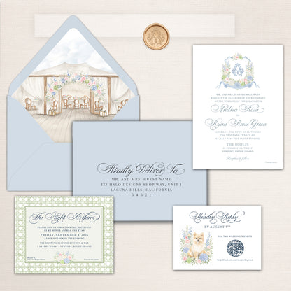 Elegant Newport wedding invitation suite in soft blue, sage green, blush, and ivory. A soft blue envelope features a custom watercolor liner  featuring The Bohlin in Newport, Rhode Island, paired with a gold monogram wax seal. The white invitation features a coordinating watercolor floral crest coordinating pieces include an addressed envelope, rattan-bordered “The Night Before” cocktail reception card, and RSVP card featuring a watercolor dog portrait, flowers, and QR code.
