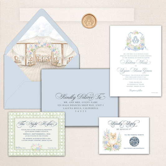 Elegant Newport wedding invitation suite in soft blue, sage green, blush, and ivory. A soft blue envelope features a custom watercolor liner  featuring The Bohlin in Newport, Rhode Island, paired with a gold monogram wax seal. The white invitation features a coordinating watercolor floral crest coordinating pieces include an addressed envelope, rattan-bordered “The Night Before” cocktail reception card, and RSVP card featuring a watercolor dog portrait, flowers, and QR code.
