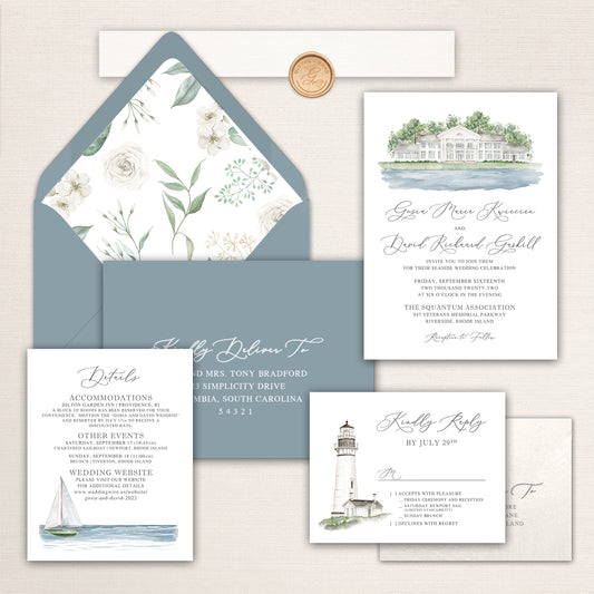 Wedding invitation suite with watercolor Cromaine Hall venue, floral envelope liner, lighthouse reply card, and coordinating seaside details.