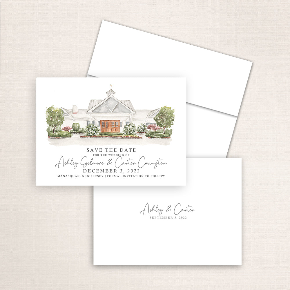 Custom watercolor Save the Date card featuring hand-painted illustration of Crystal Point Yacht Club in Manasquan, New Jersey,  personalized wedding stationery with elegant venue artwork.