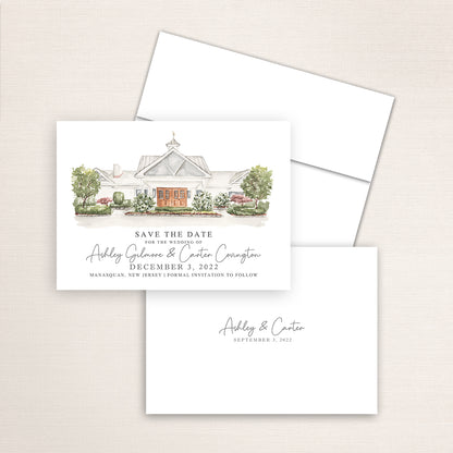 Custom watercolor Save the Date card featuring hand-painted illustration of Crystal Point Yacht Club in Manasquan, New Jersey,  personalized wedding stationery with elegant venue artwork.