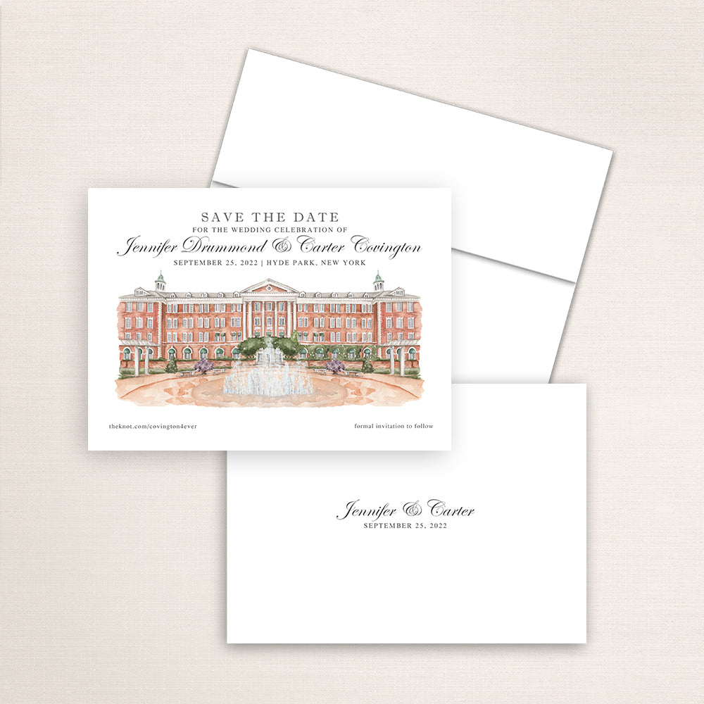 Custom watercolor Save the Date card featuring hand-painted illustration of Culinary Institute of America in Hyde Park, New York, personalized wedding stationery with elegant venue artwork.