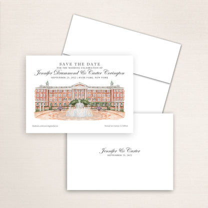 Custom watercolor Save the Date card featuring hand-painted illustration of Culinary Institute of America in Hyde Park, New York, personalized wedding stationery with elegant venue artwork.