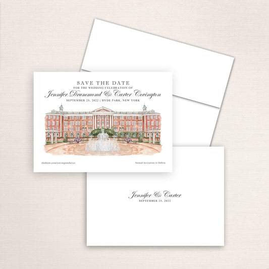 Custom watercolor Save the Date card featuring hand-painted illustration of Culinary Institute of America in Hyde Park, New York, personalized wedding stationery with elegant venue artwork.