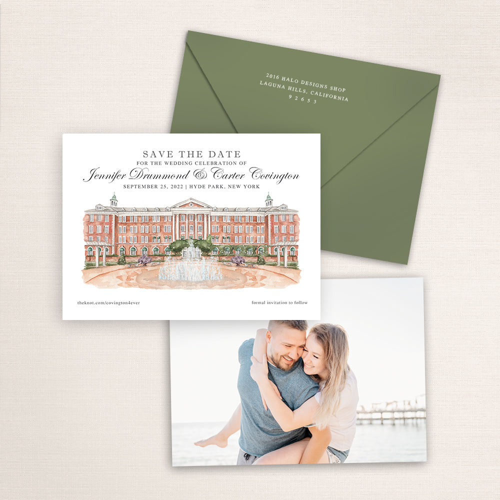 Custom watercolor Save the Date card featuring hand-painted illustration of Culinary Institute of America in Hyde Park, New York, personalized wedding stationery with elegant venue artwork with matching envelope.