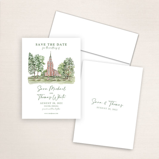 Custom watercolor Save the Date card featuring hand-painted illustration of Culver Academy Memorial Chapel in Culver, Indiana, personalized wedding stationery with elegant venue artwork.
