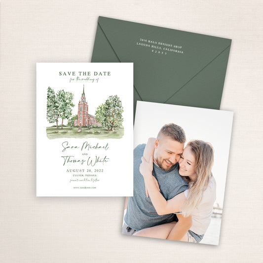 Custom watercolor Save the Date card featuring hand-painted illustration of Culver Academy Memorial Chapel in Culver, Indiana, personalized wedding stationery with elegant venue artwork with matching envelope.