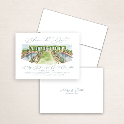 Custom watercolor Save the Date card featuring hand-painted illustration of Cummer Museum in Jacksonville, Florida, personalized wedding stationery with elegant venue artwork.