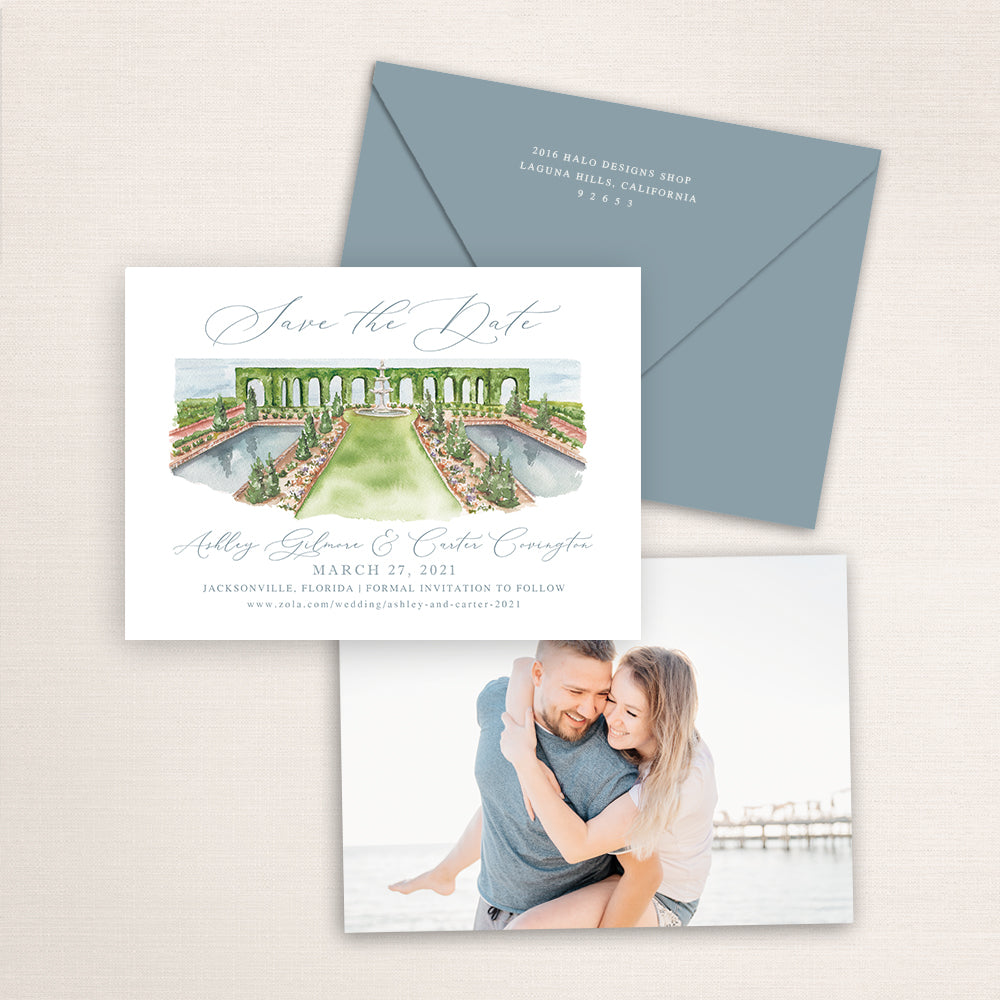 Custom watercolor Save the Date card featuring hand-painted illustration of Cummer Museum in Jacksonville, Florida, personalized wedding stationery with elegant venue artwork with matching envelope.