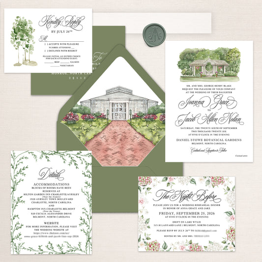 botanical garden wedding invitation suite featuring a green envelope with a watercolor liner illustration of the Daniel Stowe Botanical Gardens conservatory, formal invitation with a watercolor illustration of the garden pavilion and elegant script typography, greenery-framed details card, floral rehearsal dinner invitation, RSVP card with watercolor tree illustration, coordinating guest addressing envelope, and a wax seal. 
