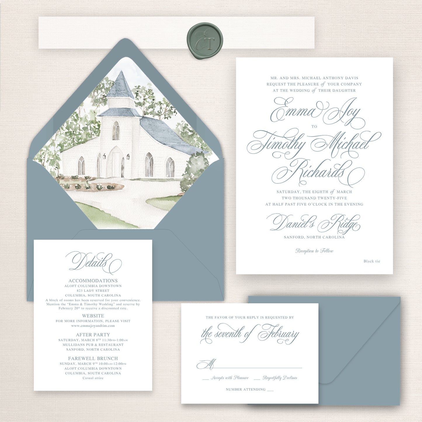 Wedding invitation suite with watercolor illustration of Daniel’s Ridge Chapel, blue envelope liner, and coordinating stationery pieces.