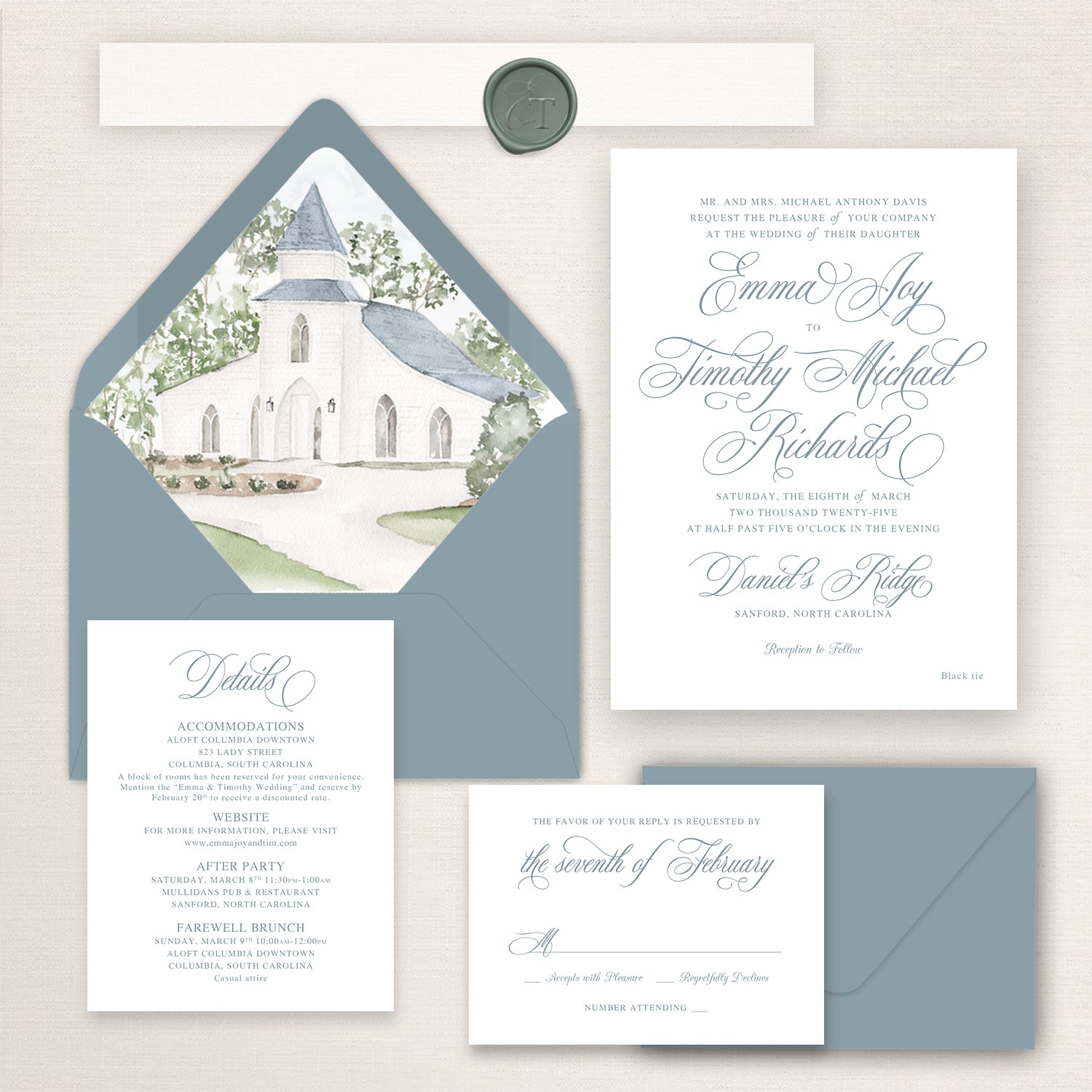 Wedding invitation suite with watercolor illustration of Daniel’s Ridge Chapel, blue envelope liner, and coordinating stationery pieces.