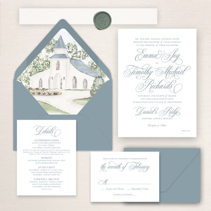 Wedding invitation suite with watercolor illustration of Daniel’s Ridge Chapel, blue envelope liner, and coordinating stationery pieces.
