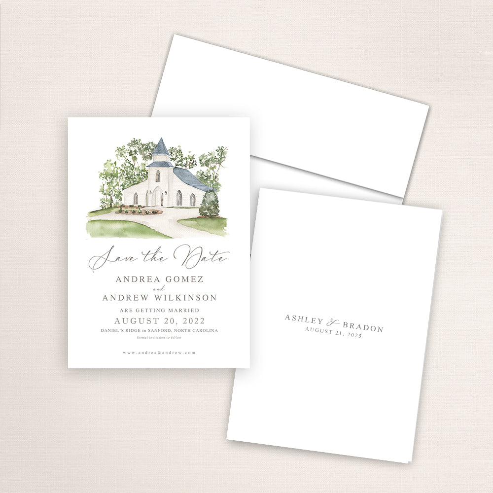 Custom watercolor Save the Date card featuring hand-painted illustration of Daniel's Ridge in Sanford, North Carolina, personalized wedding stationery with elegant venue artwork.