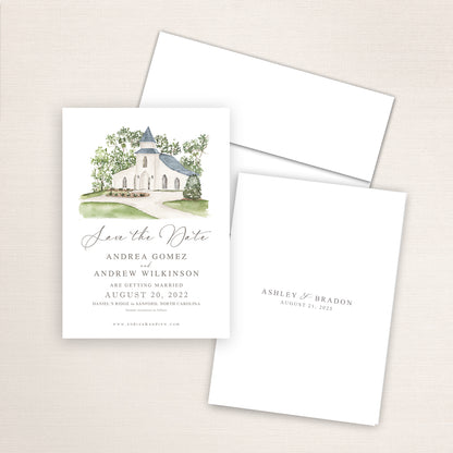 Custom watercolor Save the Date card featuring hand-painted illustration of Daniel's Ridge in Sanford, North Carolina, personalized wedding stationery with elegant venue artwork.