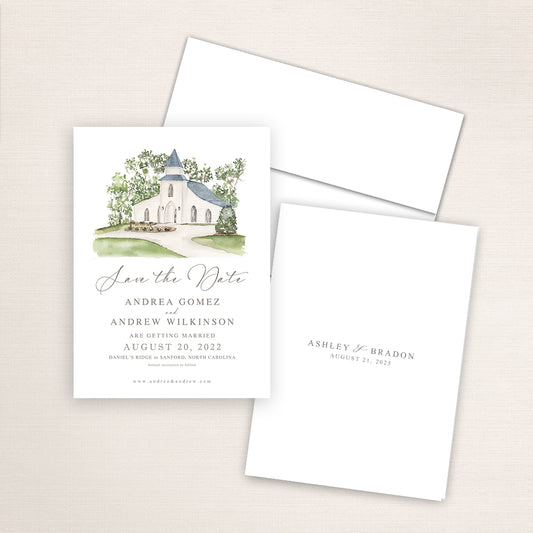 Custom watercolor Save the Date card featuring hand-painted illustration of Daniel's Ridge in Sanford, North Carolina, personalized wedding stationery with elegant venue artwork.