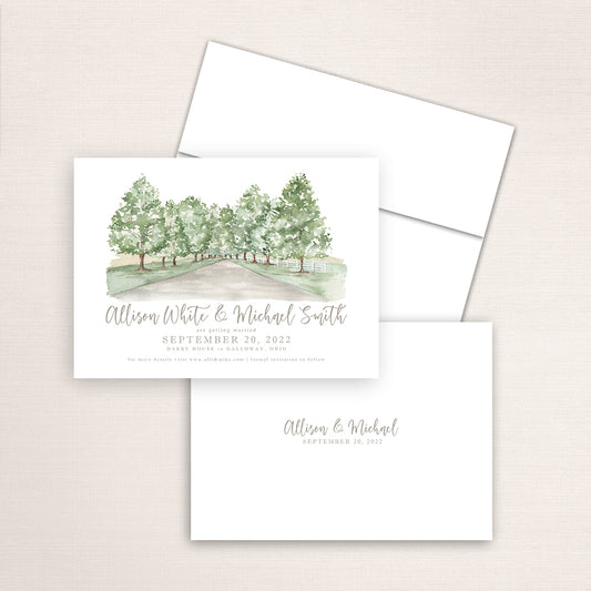 Custom watercolor Save the Date card featuring hand-painted illustration of Darby House in Galloway, Ohio, personalized wedding stationery with elegant venue artwork.
