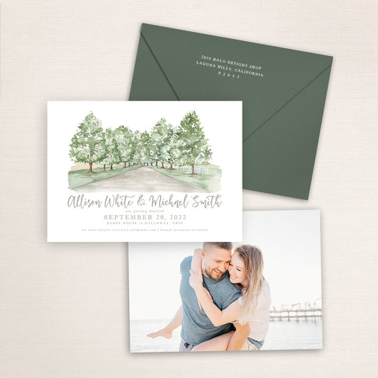 Custom watercolor Save the Date card featuring hand-painted illustration of Darby House in Galloway, Ohio, personalized wedding stationery with elegant venue artwork with matching envelope.